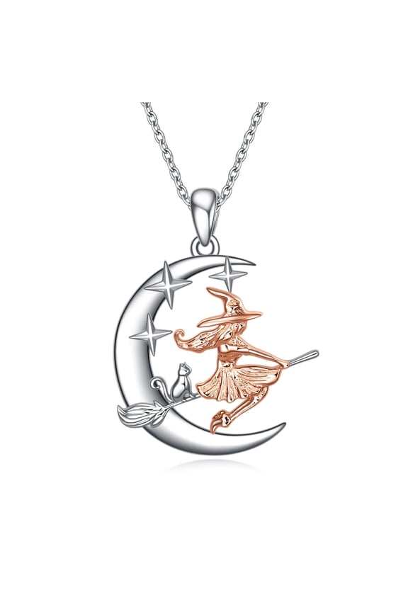 Witch Necklace for Women Sterling Silver Cat Witch Hanging on Broom Witch Jewelry Gifts for Women