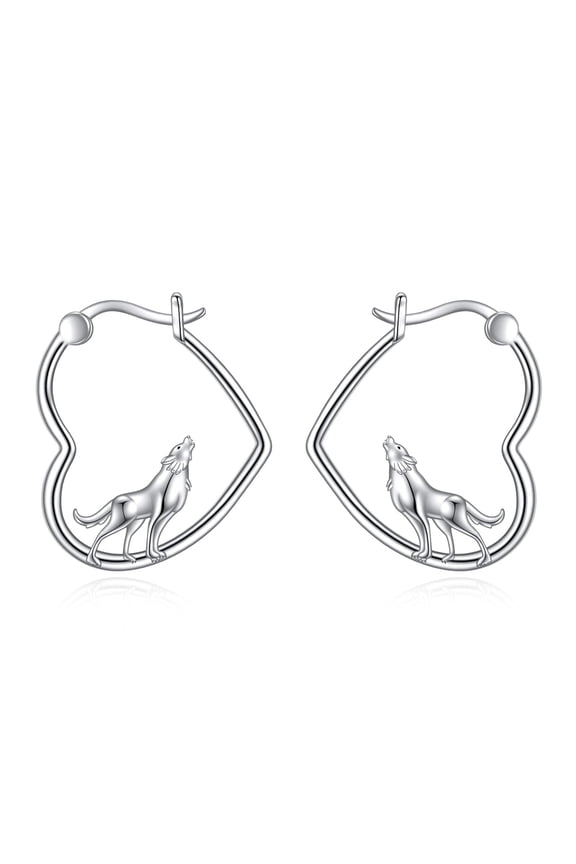 Wolf Earrings Sterling Silver Animal Heart Hoop Earrings Dangle Drop Dangling Cute Wolf Jewelry Gifts for Women