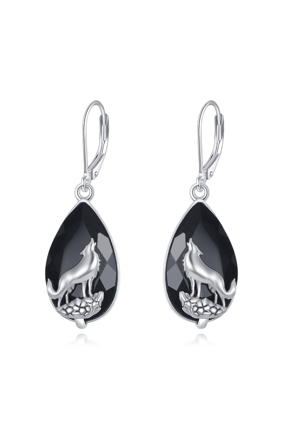 Wolf Earrings Sterling Silver Black Tourmaline Dangle Drop Earrings Crystal Healing Jewelry Spiritual Protection Gifts for Women