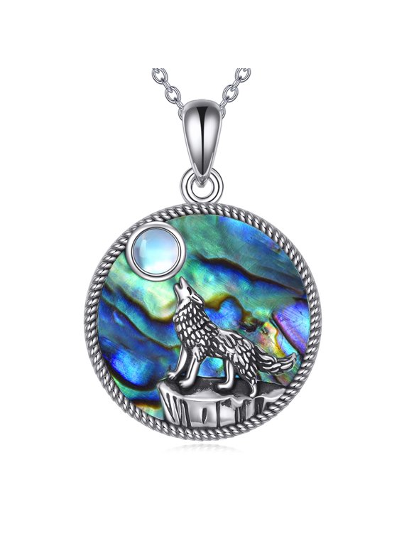 Wolf Necklace 925 Sterling Silver Wolf Necklace Pendant Abalone Shell Natural Animal Jewelry Gift for Women Men Birthday