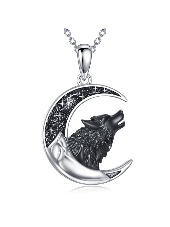 Wolf Necklace Sterling Silver 925 Wolf And Moon Pendant Jewelry Gift for Women Men
