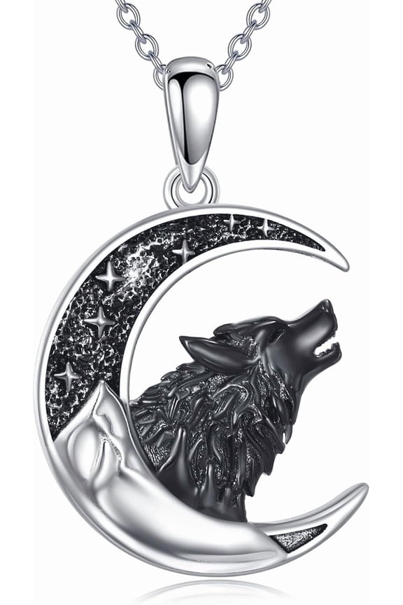 Wolf Necklace Sterling Silver 925 Wolf And Moon Pendant Jewelry Gift for Women Men