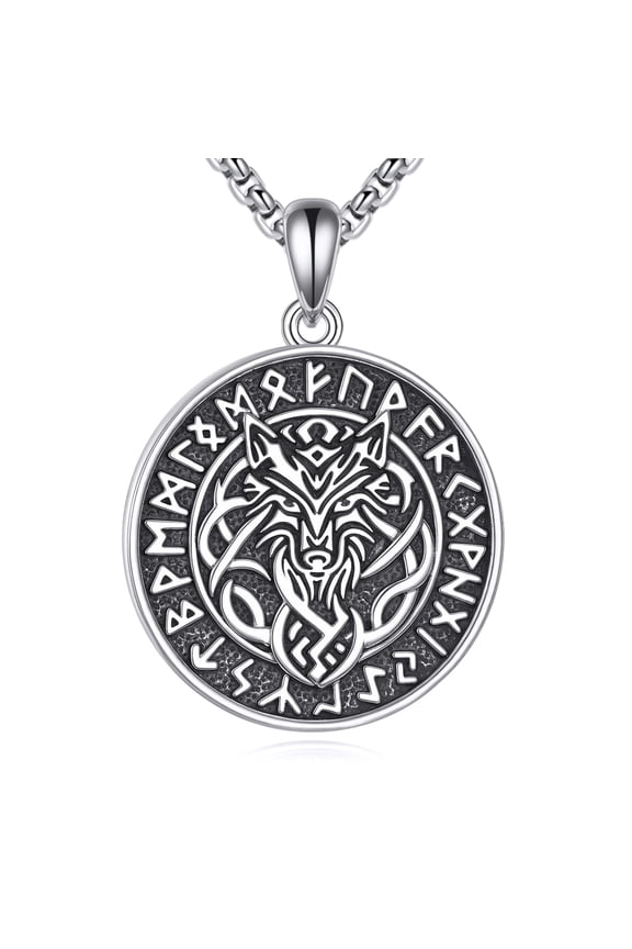 Wolf Necklace Sterling Silver Viking Runes Pendant Viking Jewelry Gifts for Women Men