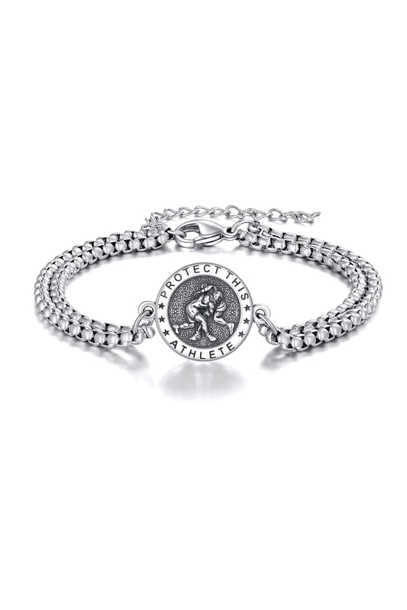 Wrestling Bracelet Sterling Silver St Sebastian Athlete Wrestler Medal Charm Bracelet with Stainless Steel Chain Wrestle Jewelry for Men Wrestling Gifts
