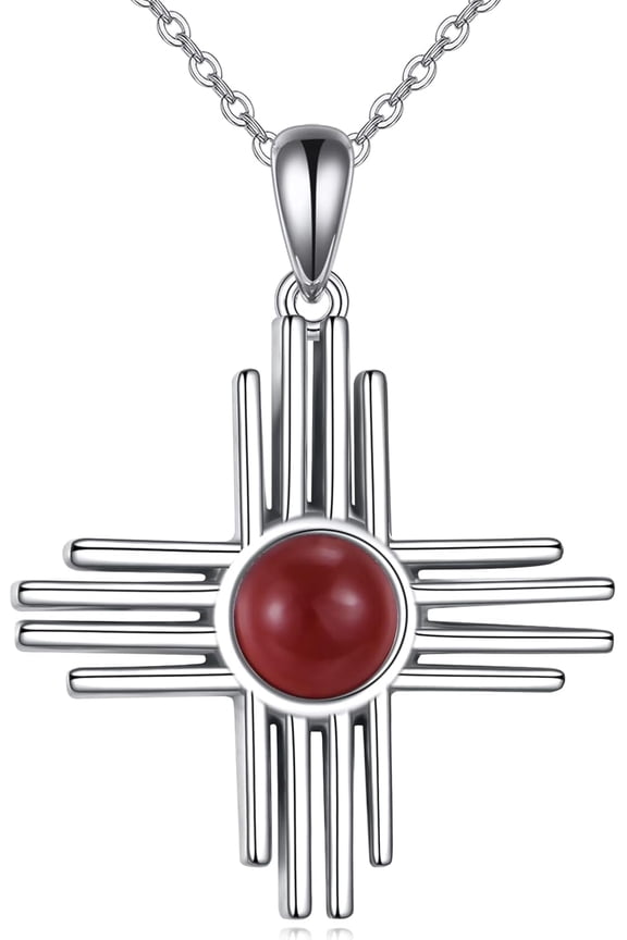 Zia Sun Symbol Necklace 925 Sterling Silver Moonstone/Opal/Obsidian/Carnelian Necklace New Mexico Jewelry for Women