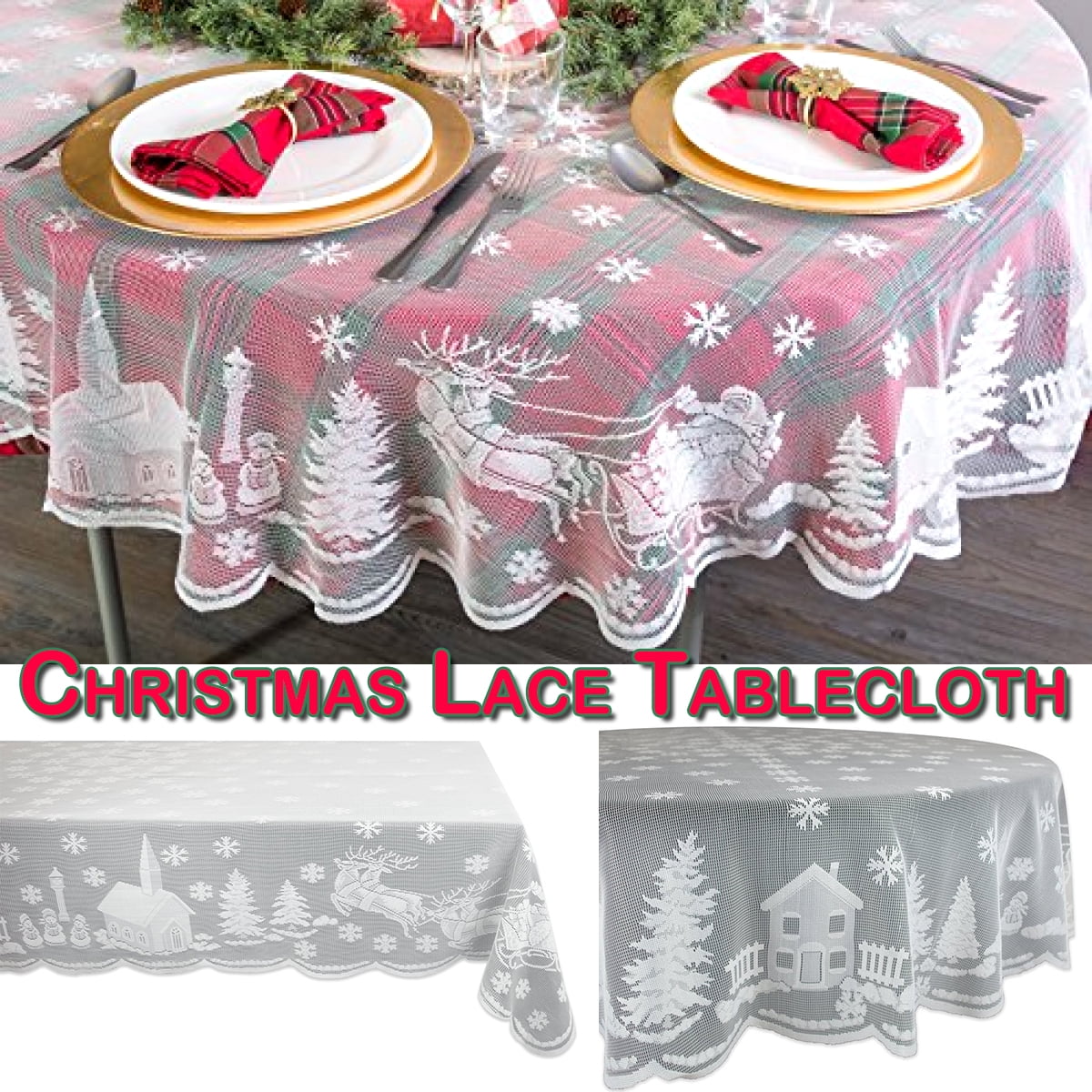YAGHYAGH Christmas Table Cloth White Lace Rectangle/ Round Dining Table