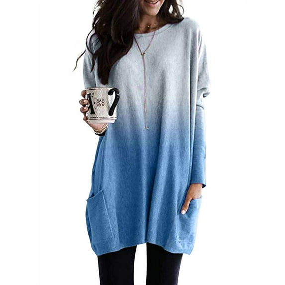YAGHYAGH Plus Size Women's Long Sleeve Crew Neck T Shirt Gradient Color Tunic Tops