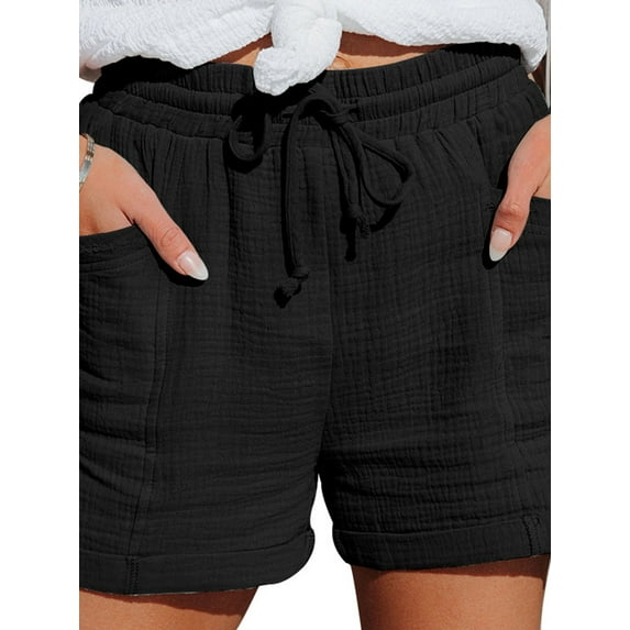 YAGHYAGH Womens Cotton Linen Summer Beach Hot Pants Elastic Waist Shorts