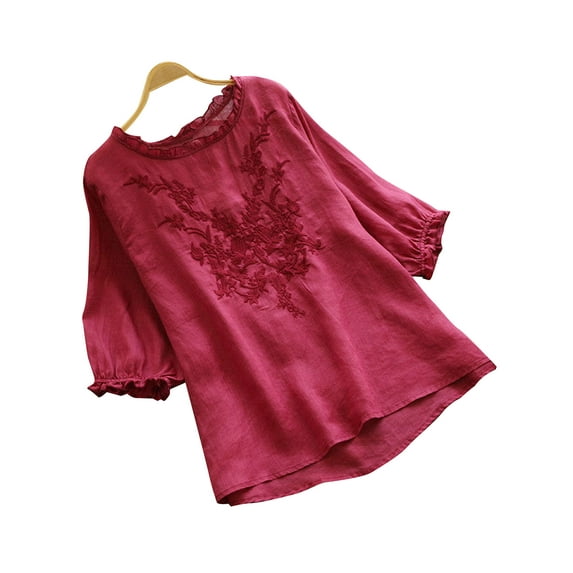 YAGHYAGH Womens Plus Size Cotton Linen 3/4 Sleeve Casual Loose Tunic Blouse Tops