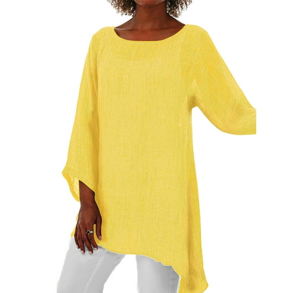 YAGHYAGH Womens Plus Size Solid Color 3/4 Sleeve Cotton Linen Irregular Tunic Shirt