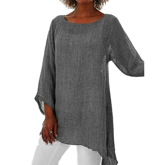 YAGHYAGH Womens Plus Size Solid Color 3/4 Sleeve Cotton Linen Irregular Tunic Shirt