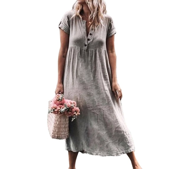 YAGHYAGH Womens Retro Short Sleeve Loose Kaftan Casual Linen Buttons Long Dress
