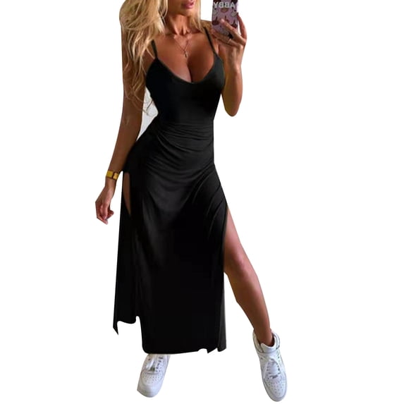 YAGHYAGH Womens Solid Color Strappy Sling Dress Sexy Split Maxi Dress