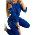 thumbnail image 1 of YAGHYAGHL Womens Long Sleeve Cold Shoulder Tops Pants Pearl Bead Co Ord Tracksuit Outfit, 1 of 5