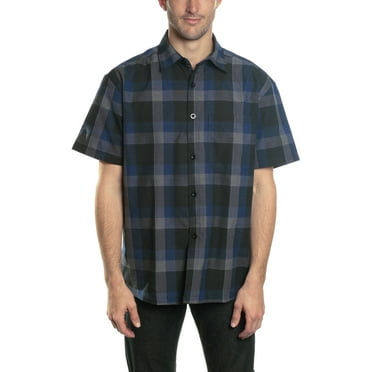 YAGO Men's Casual Plaid Short Sleeve Woven Button Down Shirt Black 24F (Large)