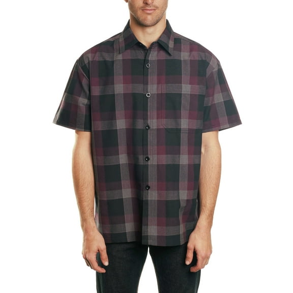 YAGO Men's Casual Plaid Short Sleeve Woven Button Down Shirt Black 5G (Large)