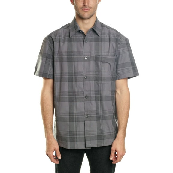 YAGO Men's Casual Plaid Short Sleeve Woven Button Down Shirt Grey E4 (Large)