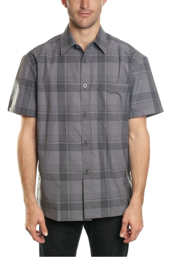 Men's Casual Plaid Short Sleeve Woven Button Down Shirt Grey E4 (Large)