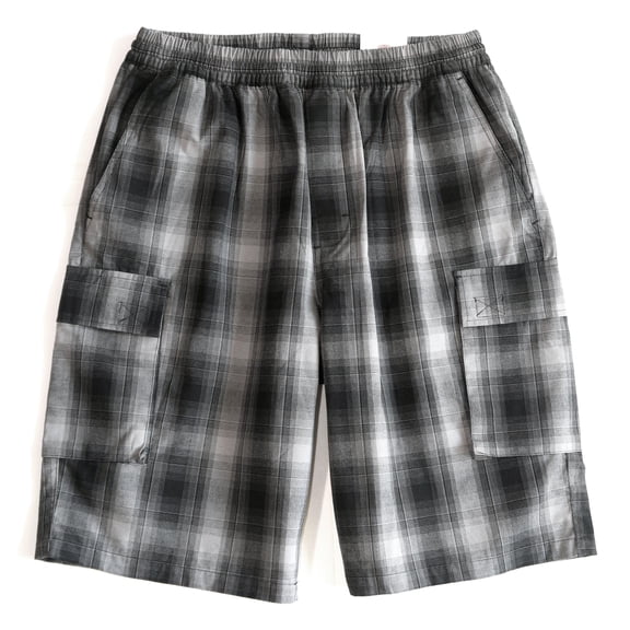 YAGO Men's Elastic Waist Drawstring Relaxed Fit Plaid Cargo Shorts Black Gray A3A (S(30\"))