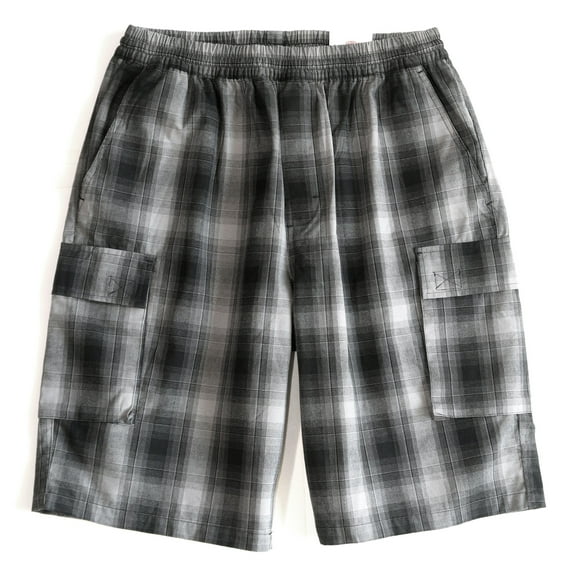 YAGO Men's Elastic Waist Drawstring Relaxed Fit Plaid Cargo Shorts Black Gray A3A (S(30\"))