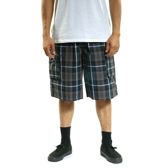 YAGO Men's Elastic Waist Drawstring Relaxed Fit Plaid Cargo Shorts Blue Gray CL2 (S(30\"))