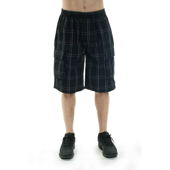 YAGO Men's Elastic Waist Drawstring Relaxed Fit Plaid Cargo Shorts S-5XL DK1 (M(32\"))