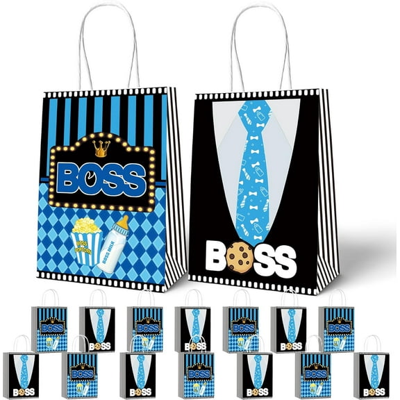 YAHAFEPY 12 Pcs BOSS Theme Party Gift Goodie Candy Treat Bags with Handles, Black Blue Grocery Retail Shopping Kraft Paper Take Out Bags for Baby Boy Birthday Decorations