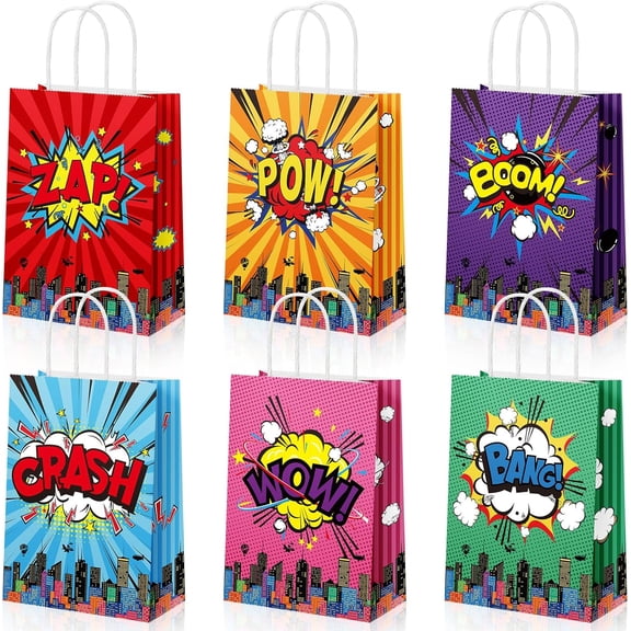 YAHAFEPY 18 Pcs Hero Party Favors Bags Comic Hero Kraft Paper Bags Goodie Candy Treat Gift Bags with Handle Boom Hero Theme Birthday Decorations Supplies