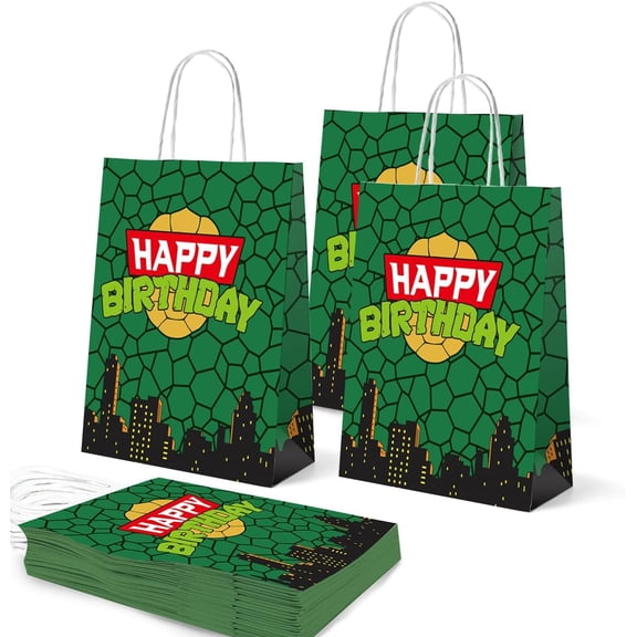YAHAFEPY 20Packs Turtle Gift Bags Set for Kids Boy Child 1st 2rd Birthday Party Ninja Heroes Party Favor Paper Bag with Handle for Goodie, Candy, Donut, Cupcake, Cookie Treat, Return Gifts