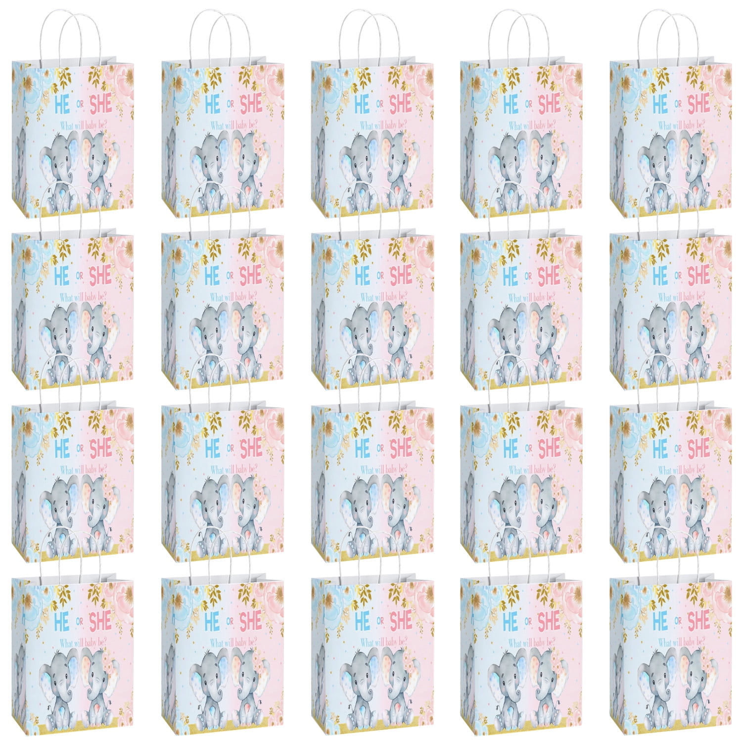 YAHAFEPY 20Pcs Baby Elephant Party Favor Bags for Girl or Boy Gender Reveal Supplies Blue and Blush Pink Floral Baby Shower Party Decorations