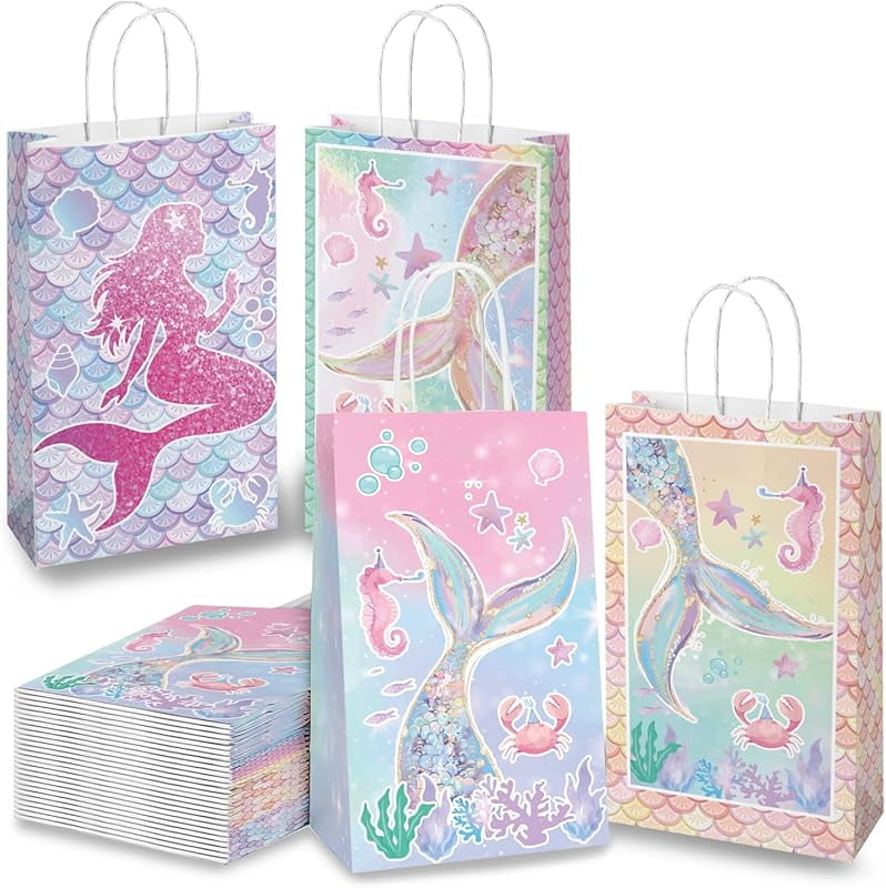 YAHAFEPY-Mermaid Gift Bags, 20 PCS Mermaid Theme Party Favor Bags with Handle, 8.6 x 5 x 3.7 inches, Birthday, Baby Shower