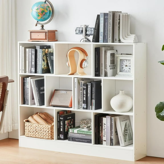 YAHARBO White 10 Cube Bookshelf,3 Tier Modern Horizontal Bookcase,Wooden Low Book Shelf Display Storage Cabinet with Base,Floor Standing Short Bookshelves Open Organizer for Bedroom,LivingRoomOffice