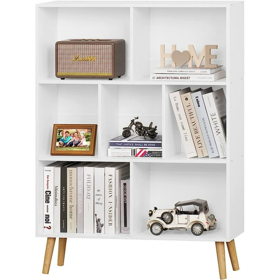 YAHARBO White Bookshelf,3 Tier Book Shelf with Legs, 7 Cube Minimalist Bookcase,Storage Organizer Shelves Display Bookcases for Bedroom,Living Room