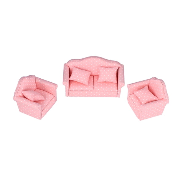YAHHU 1:12 Scale Miniature Dollhouse Sofa Set with 4 Pillows Pink Polka Dot 3 Pieces