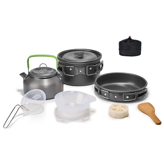 YAHHU 10-Piece Camping Hiking Cookware Set, Outdoor Portable Picnic Backpacking Cooking Kit, Non-Stick Lightweight Alumina Pot Frying Pan Set with Kettle, Black (7.5 inches / 19 cm)
