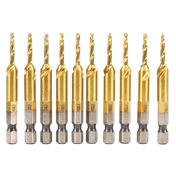 YAHHU 10-Piece Hex Shank Drill Bit Set, Metric Screw Thread Tap with Titanium Coating, High-Speed Steel HSS Tapping Tool M3-2.5 (3.94 in / 10 cm)