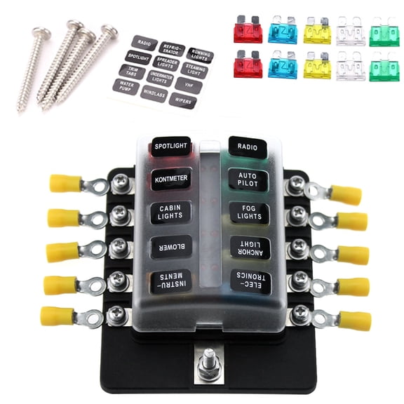 YAHHU 10 Way Blade Fuse Box Holder with Red LED Warning Indicator 10Pcs Fuses 10Pcs Terminals Splash Dust Proof for Car Boat Marine Caravan 12V 24V