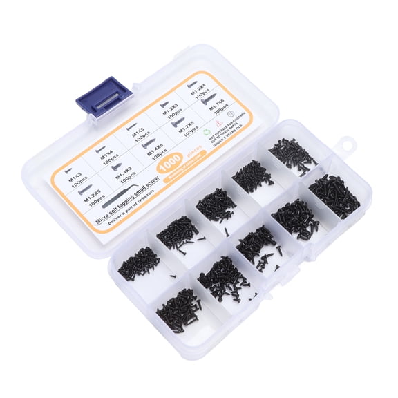 YAHHU 1000Pcs Self Tapping Small Screws Assortment M1 M1.2 M1.4 M1.7 Black Pan Head with Tweezers