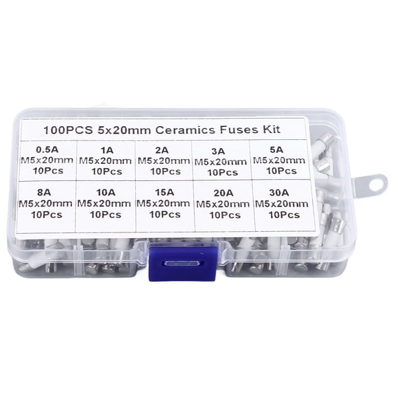 YAHHU 100PCS Set Tube Fuse 5x20mm 0.2 x 0.79 inches Multifunctional Ceramic Tube Fuses Assortment Kit 250V 0.5A to 30A with Storage Box for Appliances