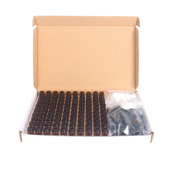 YAHHU 100pcs 2ml / 0.06 oz Amber Glass Essential Oil Sample Bottles Refillable Empty Vials with Black Caps