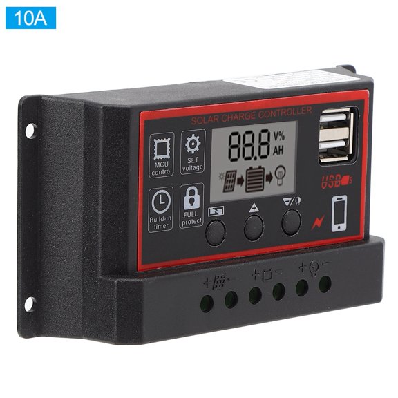 YAHHU 10A Solar Charge Controller 12V 24V Auto Dual USB Port PWM LCD Display Renewable Energy Regulator for Lead Acid Batteries Home System Weatherproof