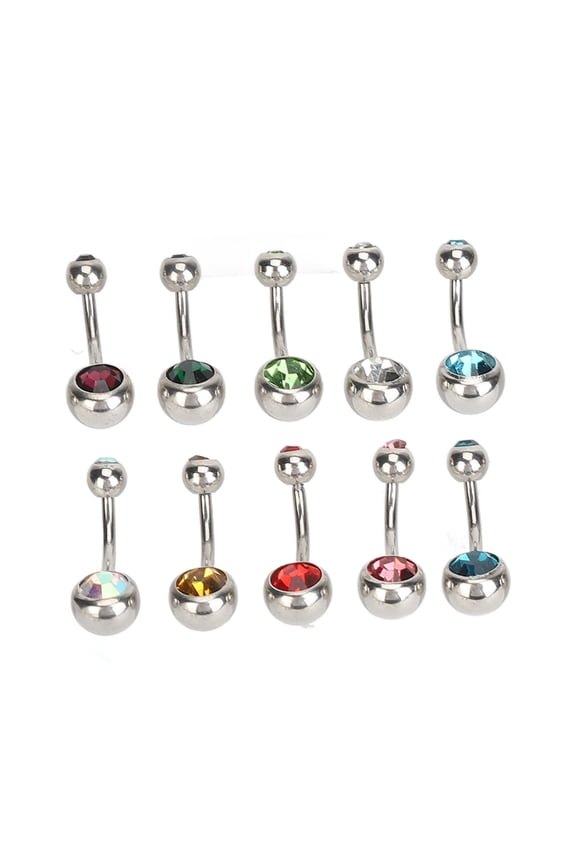 10pcs Belly Button Rings Colorful Rhinestone Stainless Steel Curved Navel Barbell Piercing
