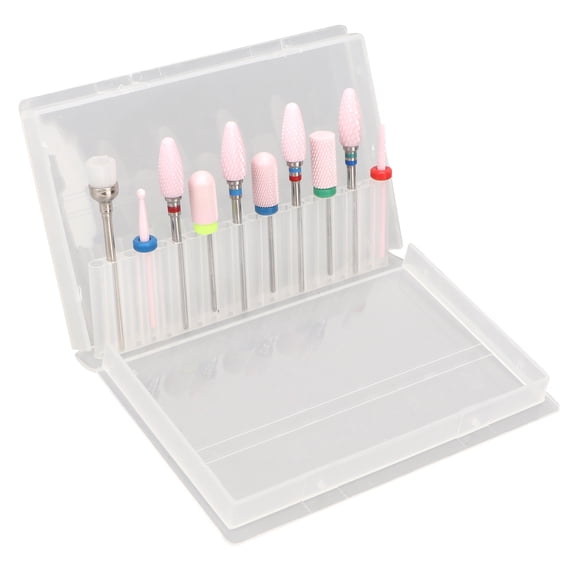 YAHHU 10pcs Ceramic Nail Drill Bit Set Portable Cuticle Remover with 20 Hole Storage Box, 4.33 inches / 11 cm