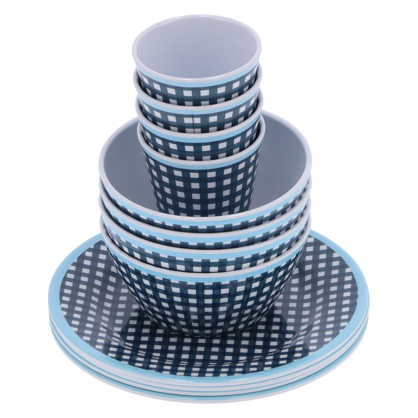 YAHHU 12-Piece Melamine Tableware Set, Dark Blue Grid Pattern Dinnerware Dishes Includes 4 Cups, 4 Bowls, and 4 Plates for Home Kitchen Restaurant Daily Use, Service for 4, Lightweight