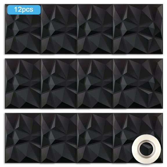 YAHHU 12pcs 3D Wall Panel Decorative PVC Wall Panels Diamond Textured 11.8x11.8in / 30x30cm with 1 Roll Double-Sided Tape for Home Office Living Room Bedroom Wall Decor Matte Black
