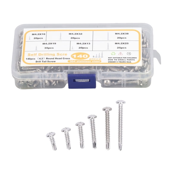 YAHHU 140PCS M4.2 (0.16 inches) Round Head Cross Screw Assortment Deep Thread 410 Steel Screws