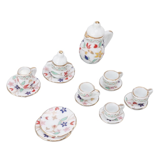YAHHU 15 Pcs Dollhouse Tea Set Mini Simulation Ceramic Tea Cups Set Doll House Accessories Miniature Model Props Type E - Perfect for Kids Playroom Pretend Play (4.7 in / 12 cm)