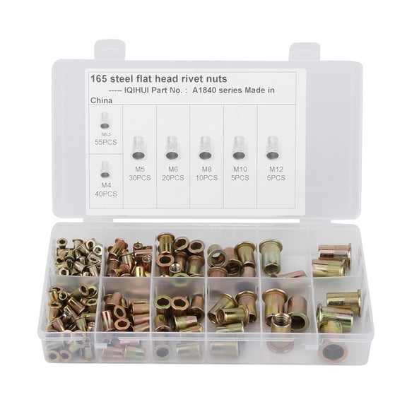 YAHHU 165-Piece Carbon Steel Flat Rivet Nuts Assortment Kit, M3 M4 M5 M6 M8 M10 M12 Mixed Insert Nutsert Hardware Nuts Set for Automotive and Furniture Assembly Tasks