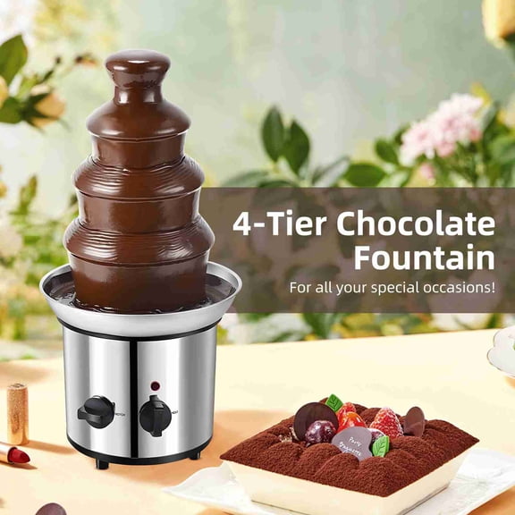 YAHHU 17.7 Inches / 45 cm 4-Tier Electric Chocolate Fondue Fountain Machine for Parties, Stainless Steel Chocolate Melt Fondue for Melts Cheese Candy Liqueur BBQ Sauce, Silver
