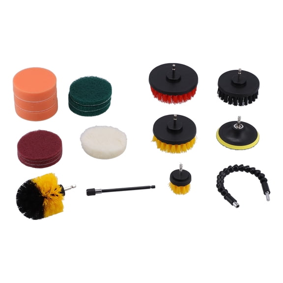 YAHHU 19-Piece Drill Brush Attachment Set Power Scrubber Cleaning Kit with Flexible Extension, Scouring Pads & Sponges for Car, Kitchen, Bathroom, Tile & Grout Cleaning, 13.38 inches / 34 cm